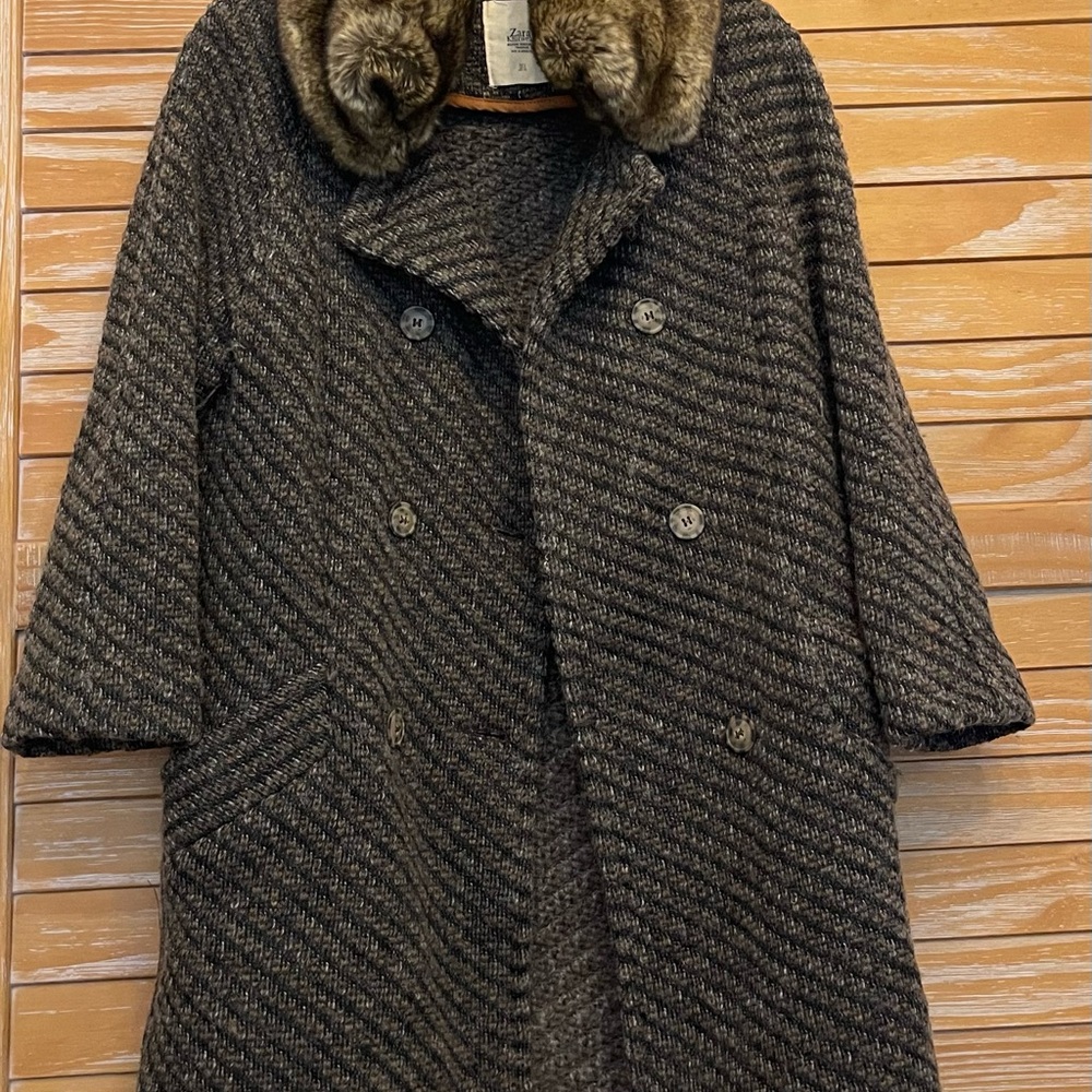 Zara Black and Brown Pea Coat with Dramatic Collar